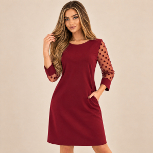 Sukienka Bordowa z Kieszeniami Rękaw 3/4 Mini Elegancka Polska Produkcja - zdjęcie 4