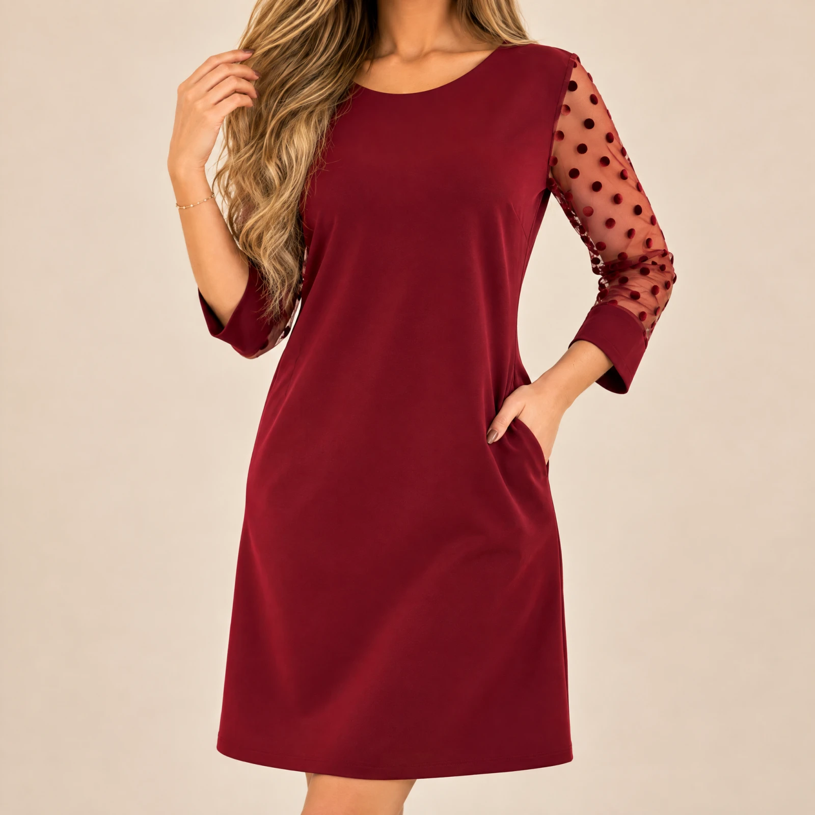Sukienka Bordowa z Kieszeniami Rękaw 3/4 Mini Elegancka Polska Produkcja - zdjęcie 6