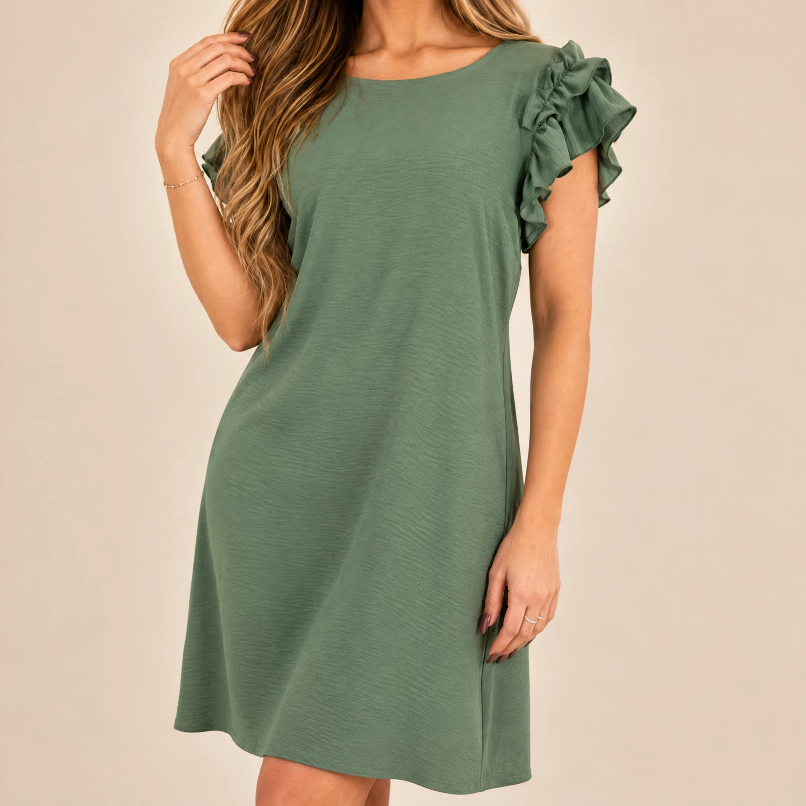 Sukienka Oliwkowa z Falbanką Marszczona Zwiewna Letnia Polska Produkcja - zdjęcie 4