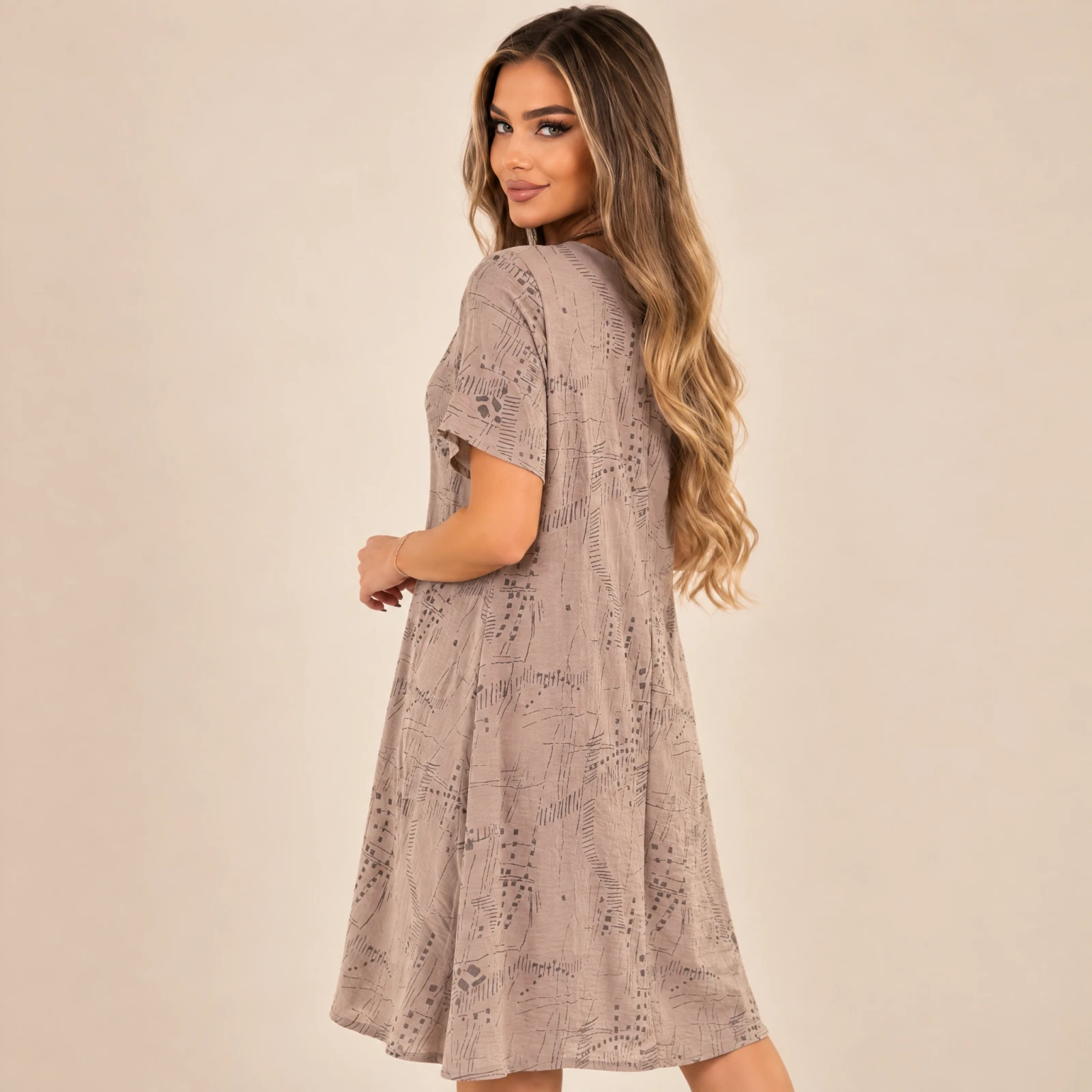 Sukienka Cappuccino Rozkloszowana Midi Elegancka Polska Produkcja - zdjęcie 6