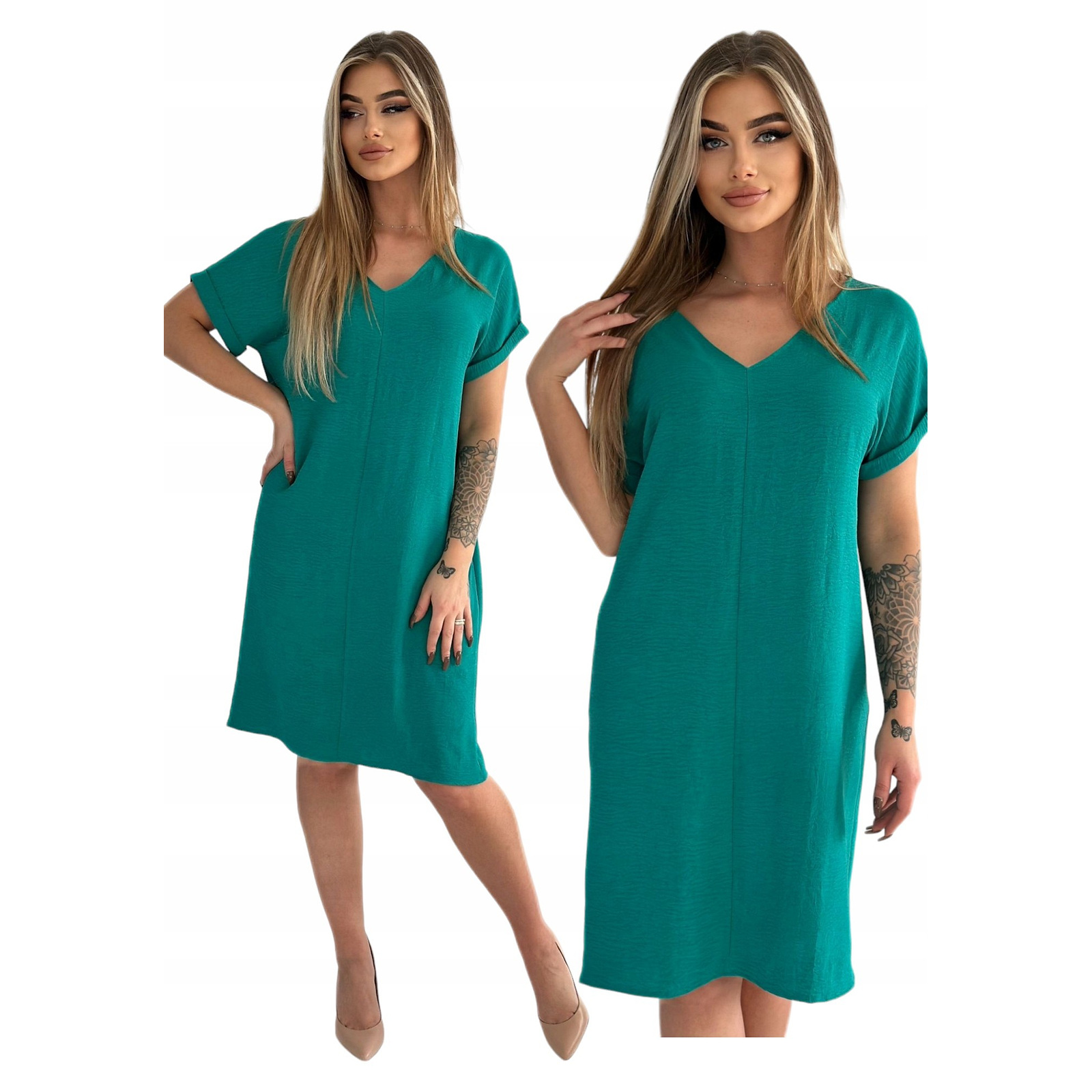 Morska Sukienka o Swobodnym Kroju z Dekoltem w Serek – zdjęcie główne produktu na białym tle
