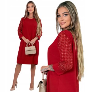 Elegancka Sukienka Czerwona z Ozdobnymi Rękawami – zdjęcie główne produktu na białym tle